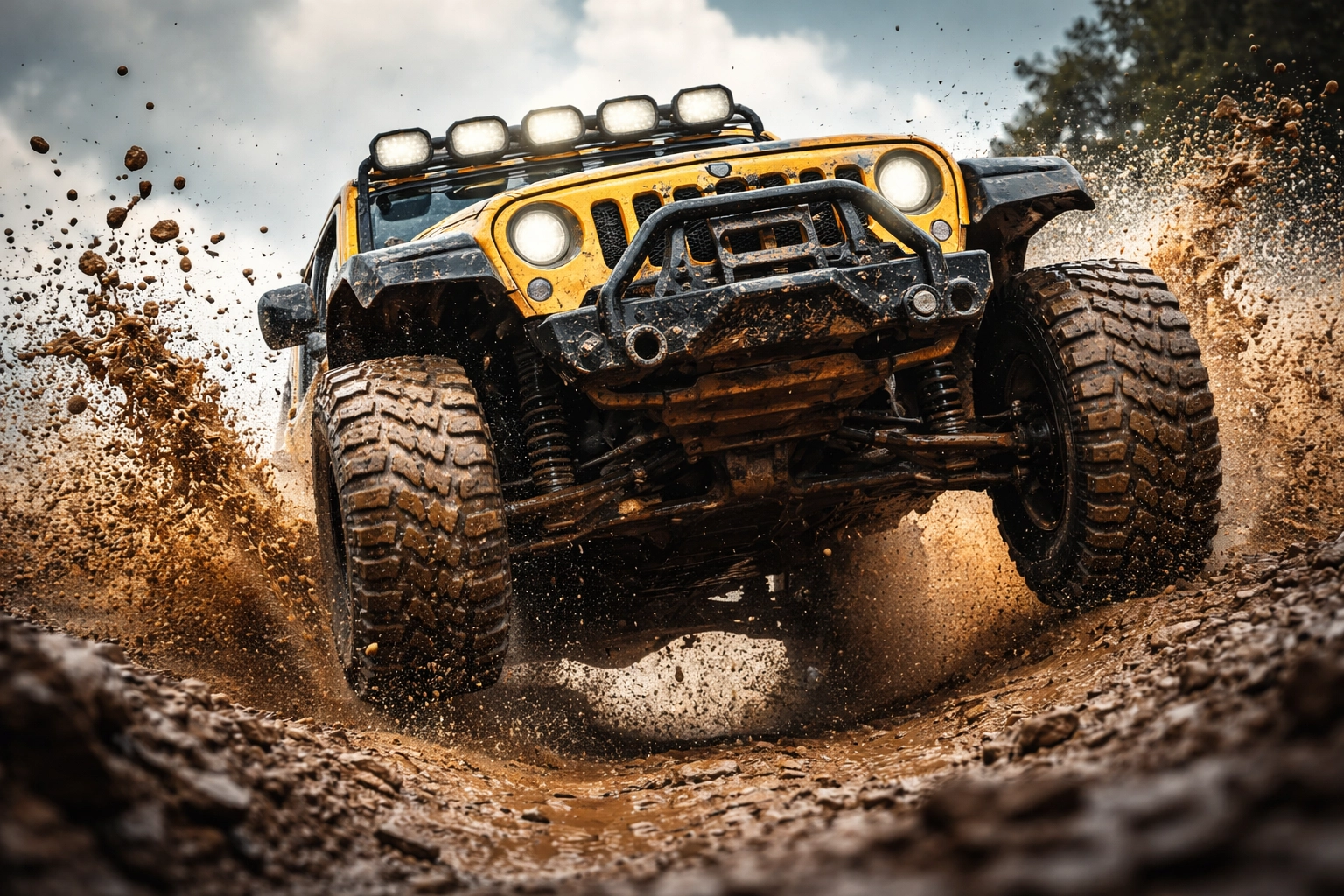 Jeep amarelo enfrentando lama em trilha off-road